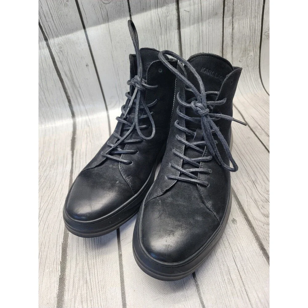 Karl Lagerfeld Men's 10.5 Black Nubuck Leather Sneakers High Top Zip Up LF8A4037